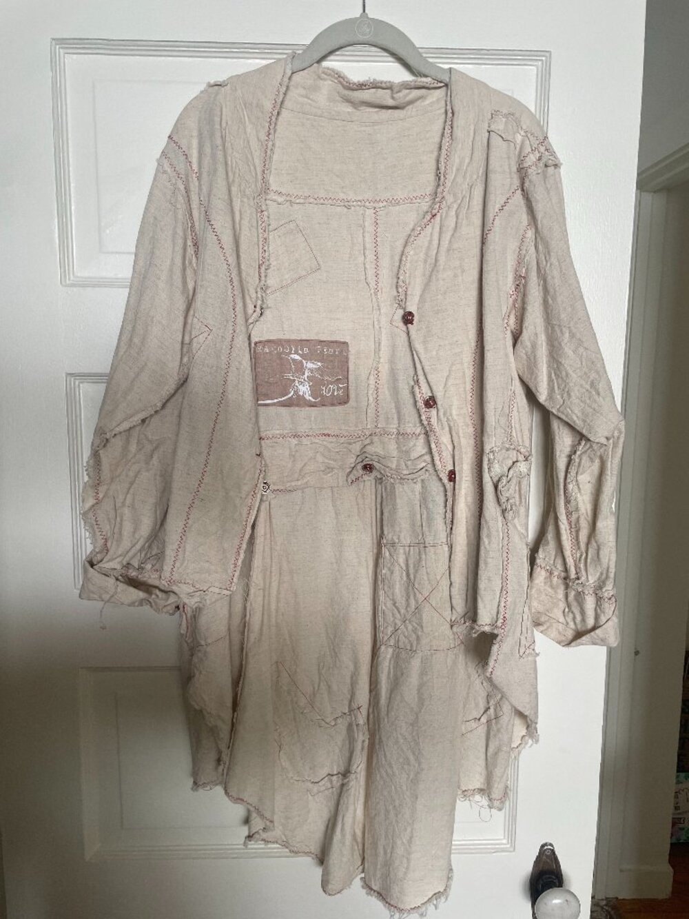 Magnolia Pearl Raw Edge Patchwork Linen Jacket Love Appliqué OS